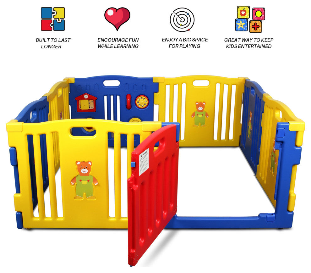 Kidzone Interactive Baby Playpen 8 Panel Safety Gate ASTM Certified, Multicolor