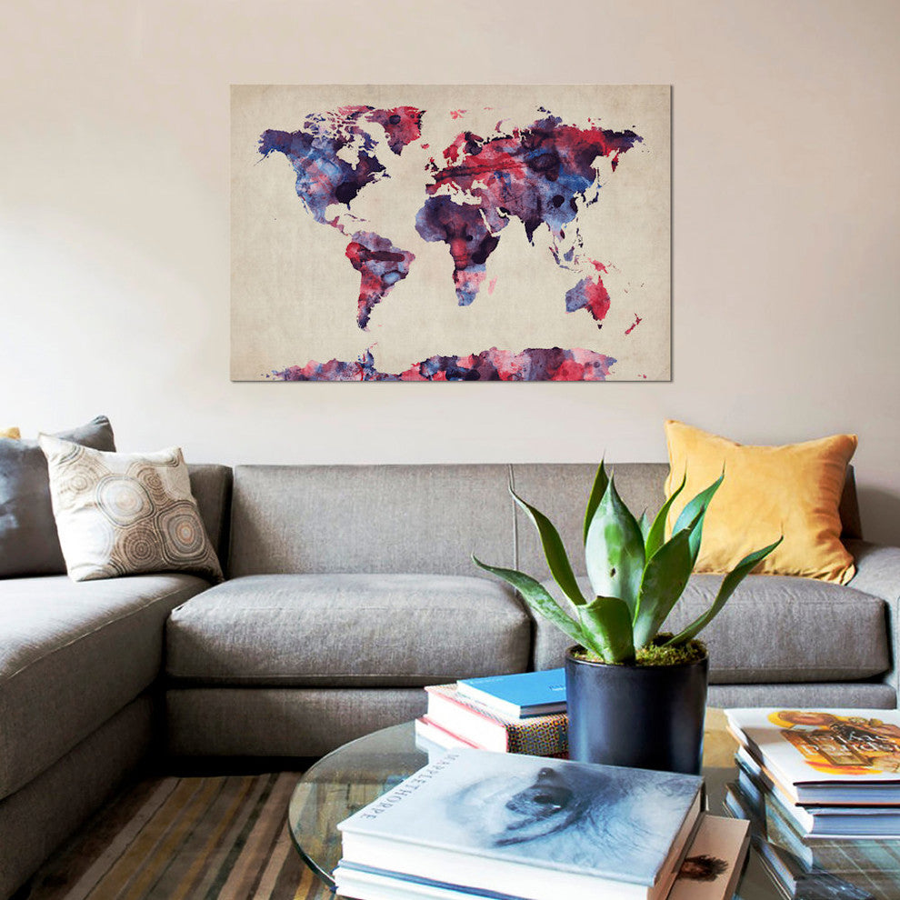 "Urban Watercolor World Map VII" by Michael Tompsett, Canvas Print, 26x18"
