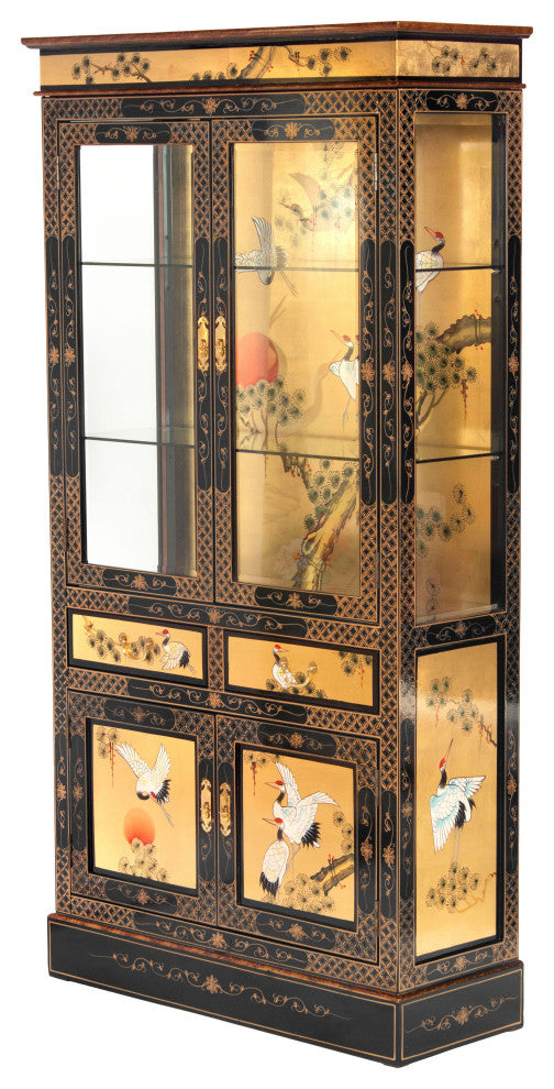 Gold Lacquer Curio Cabinet Cranes