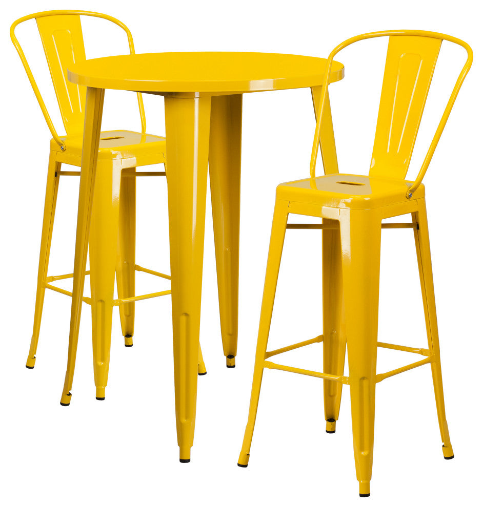 30" Round Yellow Metal Indoor-Outdoor Bar Table Set with 2 Cafe Stools