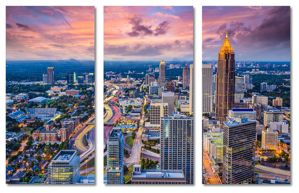 Atlanta Georgia Skyline Canvas Print Wall Art, 3 Panel Split, Triptych, 24x16