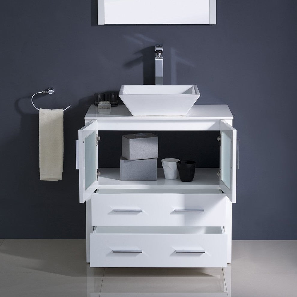 Torino 30" White Modern Bathroom Vanity With Vessel Sink, FFT9152BN