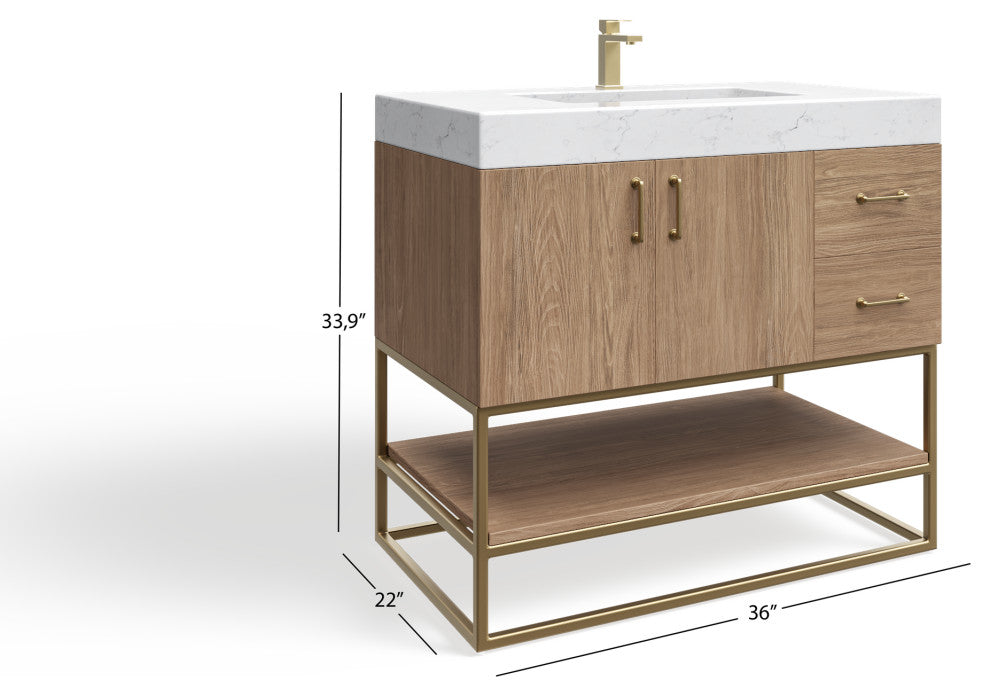 Bahia Bath Vanity, Oak, 36", Brushed Gold Hardware, Single, Freestanding