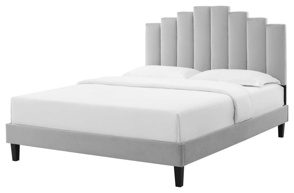 Platform Bed Frame, King Size, Velvet, Light Gray, Modern Contemporary