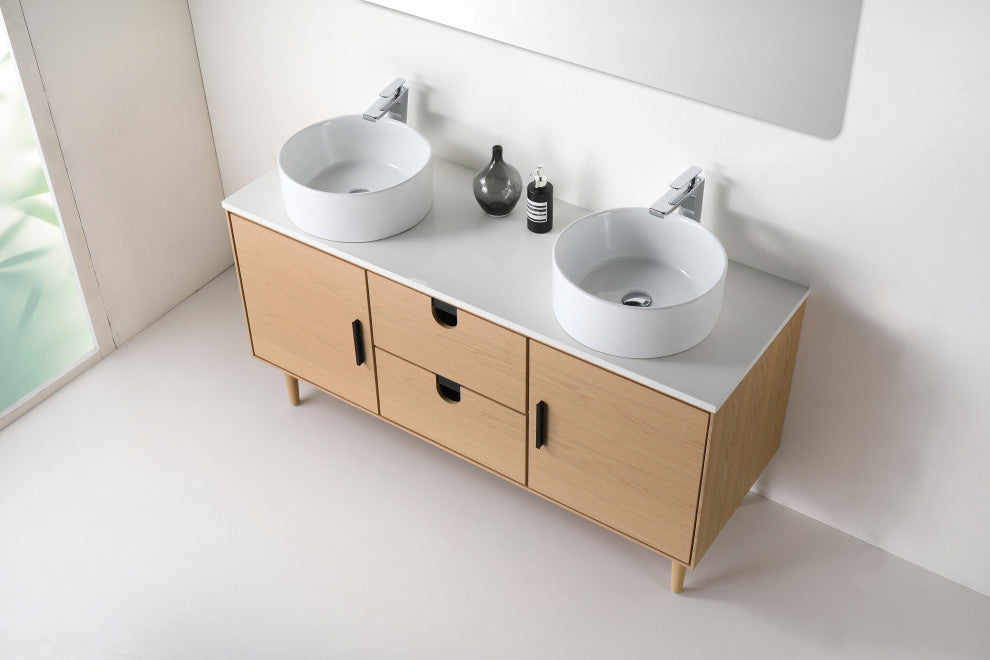 Newton Bath Vanity, Whitewash Oak, 60", Double Sink, Freestanding