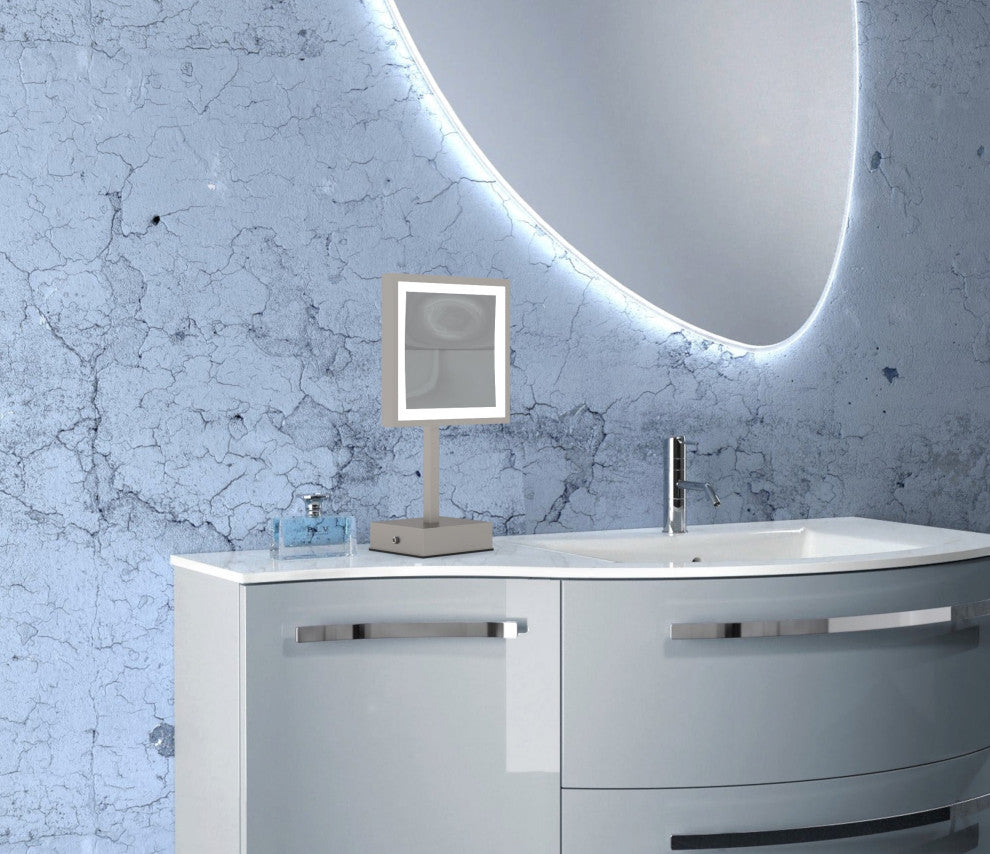 Single Sided Led Square FreestandIng Mirror Plug-In, Brushed Nickel