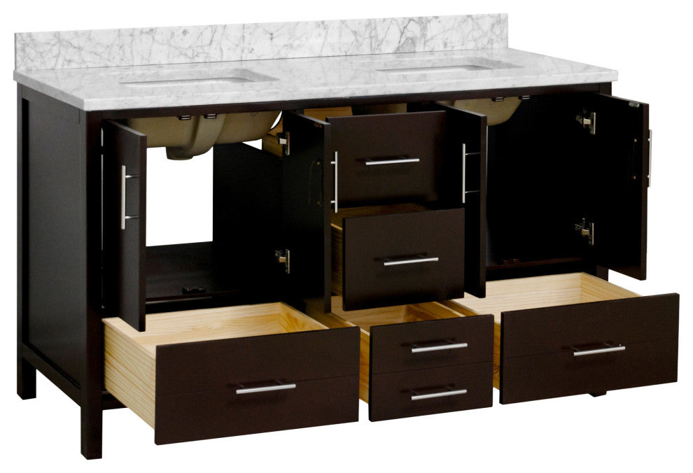 California 60" Bathroom Vanity, Chocolate, Carrara Marble, Double