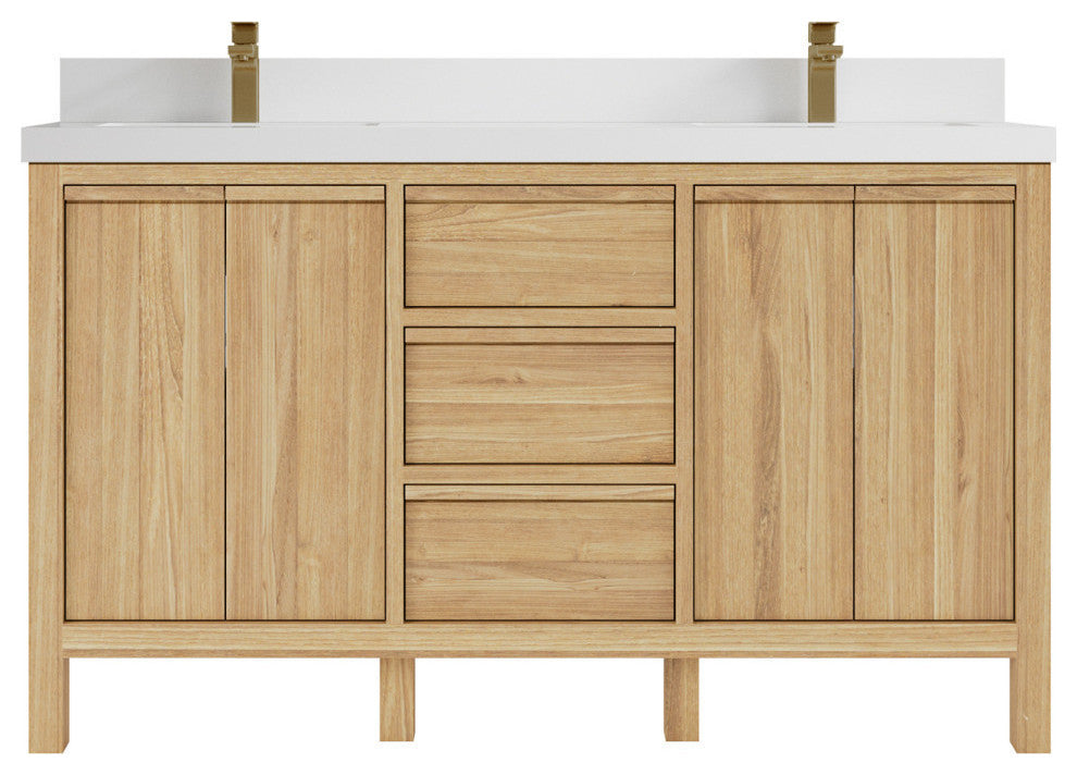 Elizabeth 60 Double Bathroom Vanity in Light Natural Teak 2" White Quartz