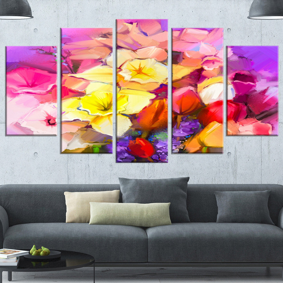 Bouquet of Daffodil and Tulip Flowers, Floral Canvas Print, 60"x32", 5 Panels