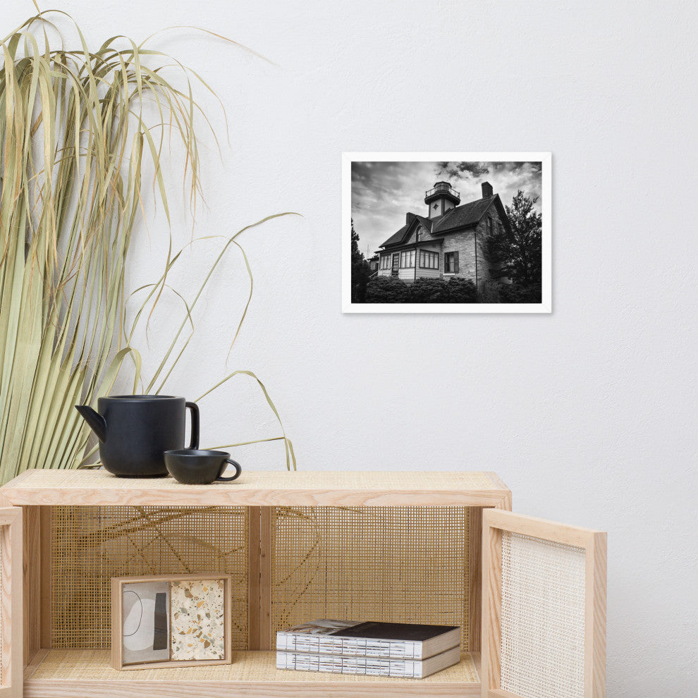Cedar Point Lighthouse in Black and White Framed Photo Paper Wall Art Prints, White, 12" X 16"