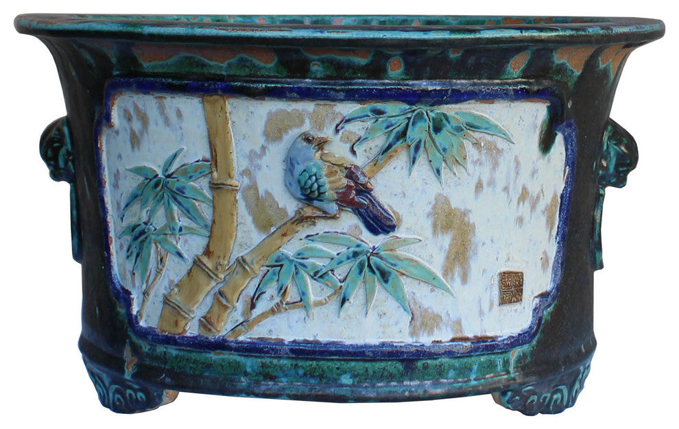 Chinese Ceramic Dimensional Flower Butterfly Round Green Glaze Planter