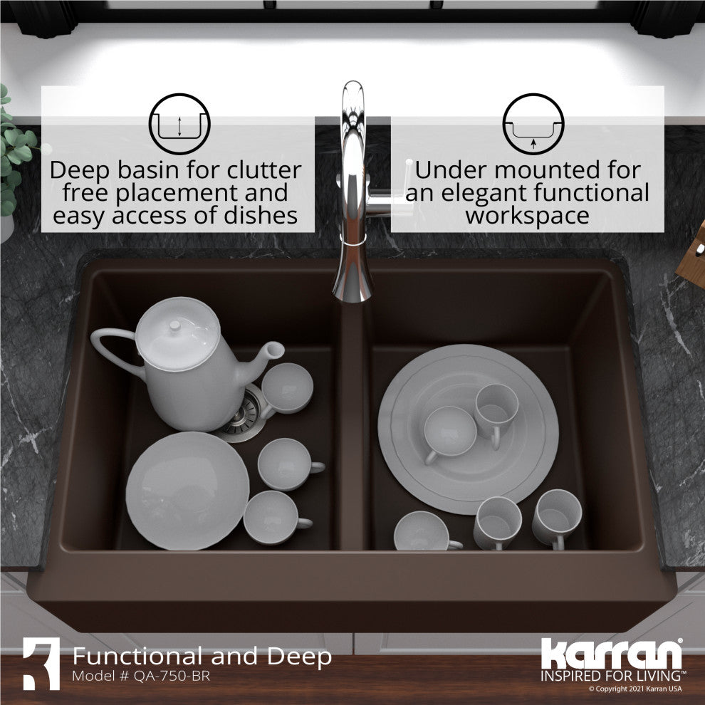 Karran Farmhouse Apron Front Quartz 34" Double Bowl Kitchen Sink, Brown