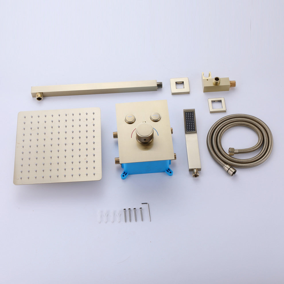 Luxury Wall Mounted Thermostatic Shower System With Rough-In Valve, Brushed Gold
