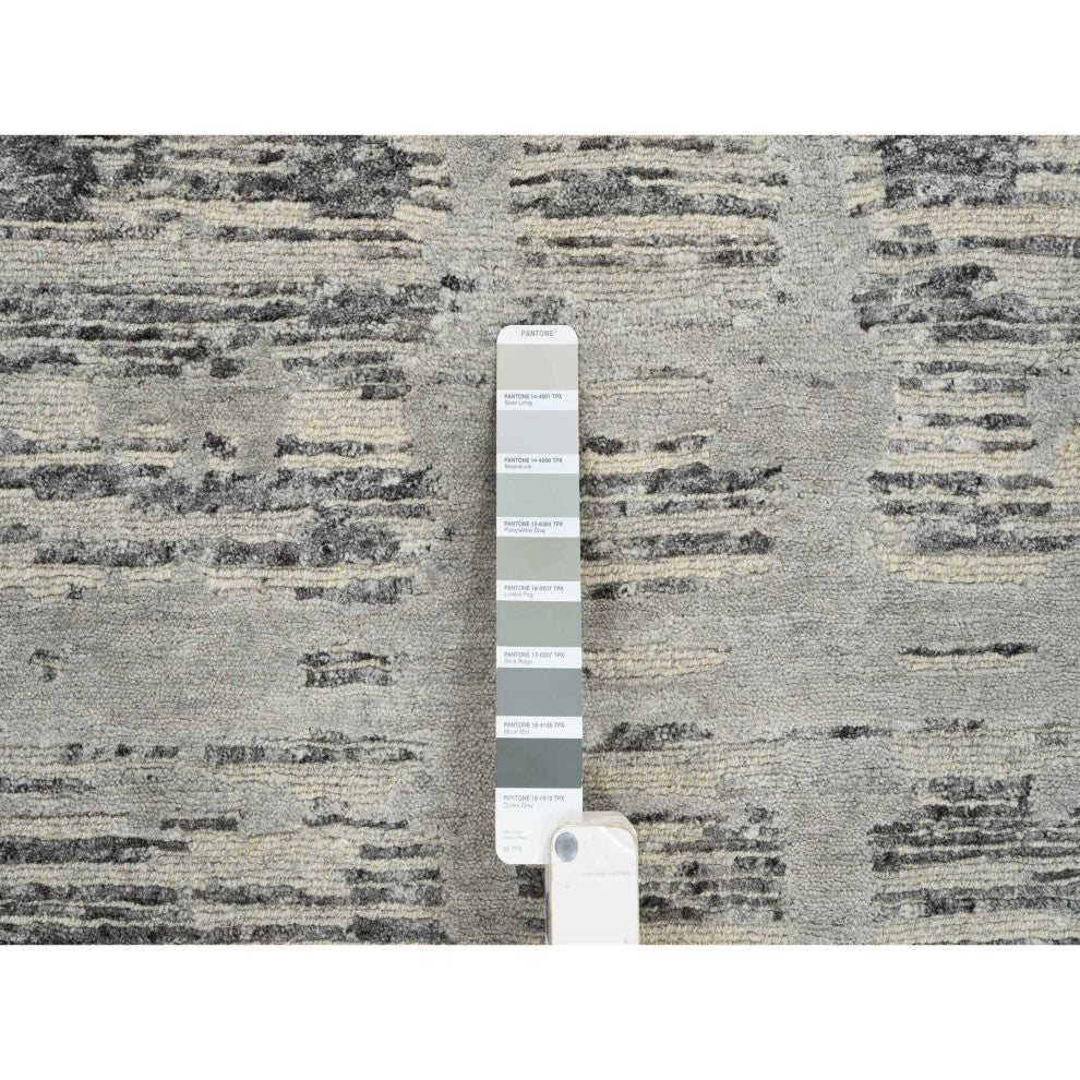 Gray, Natural Wool, Hand Knotted, Modern Design XL Runner Rug, 2'7"x23'8"