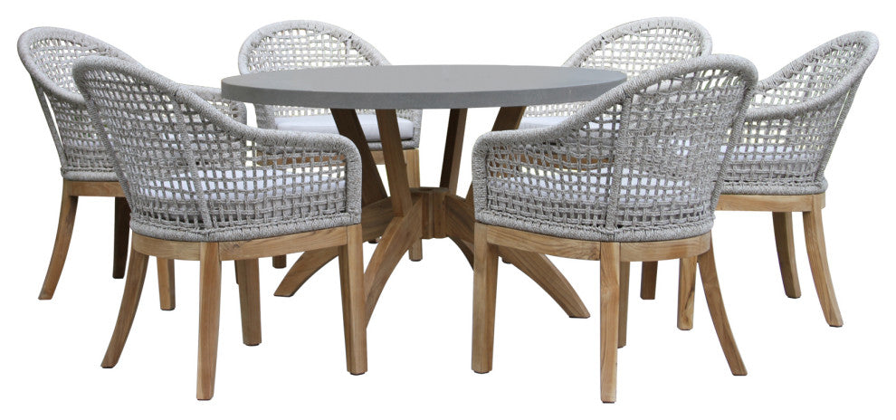 7-Piece Nautical Teak, Rope and Composite Round Dining Set With Sunbrella
