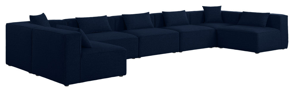 Cube Upholstered Modular Sectional, Navy, 7-Piece: 5 Armless Chair, 2 Corner Chair, Linen Texured Fabric