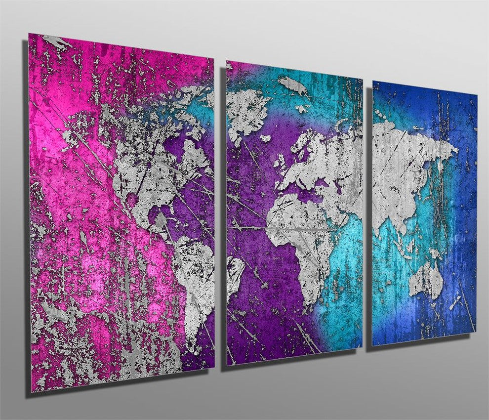 Colorful Abstract Silver World Map Metal Print Wall Art, 3 Panel Split