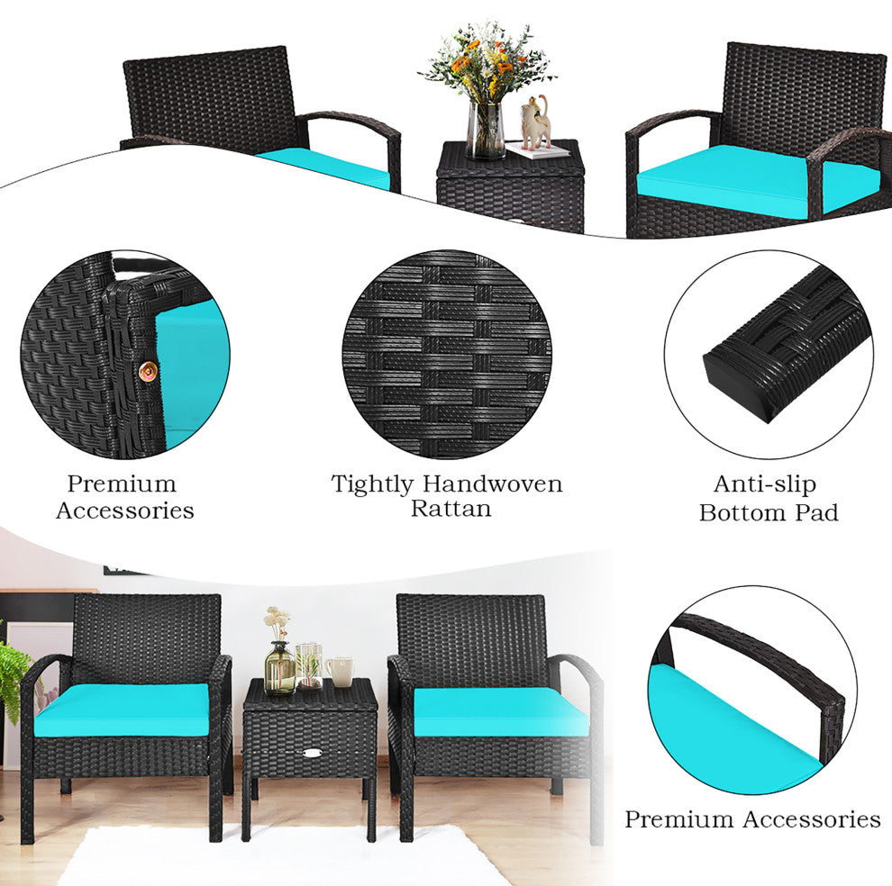 Costway 3PCS Patio Rattan Furniture Set Storage Table Cushioned Sofa Turquoise