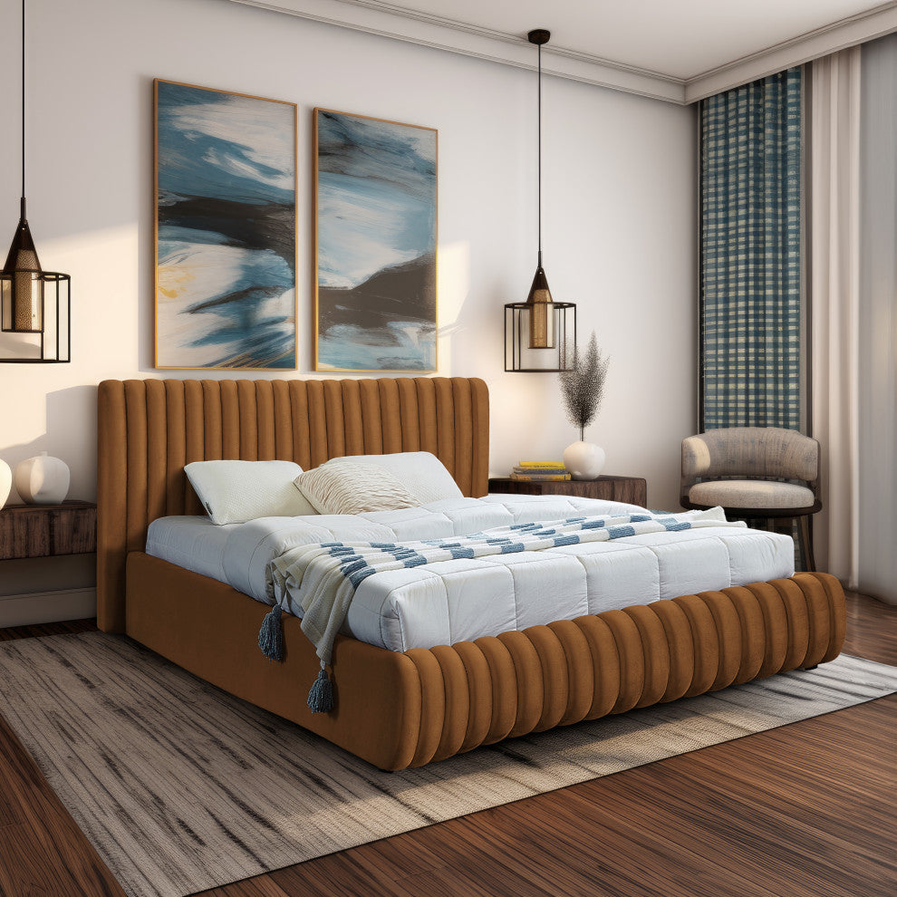 Nico Black Velvet Upholstered Bed, Saddle, King