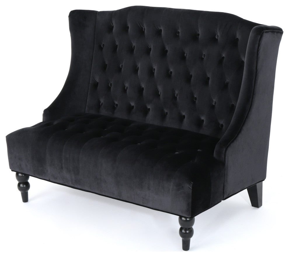 GDF Studio Leah Traditional Tufted High Winged Back New Velvet Loveseat, Black
