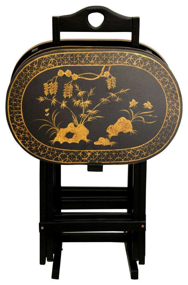 Rosewood TV Tray Set, Antique Gold