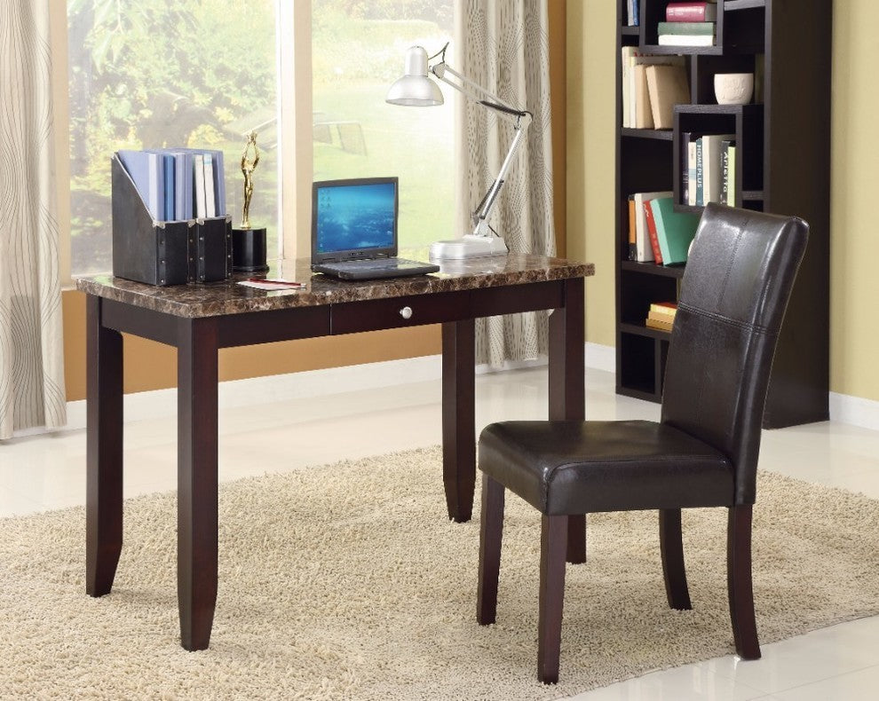 Desk and Chair, Faux Marble, Espresso Brown, 2 Piece Pack