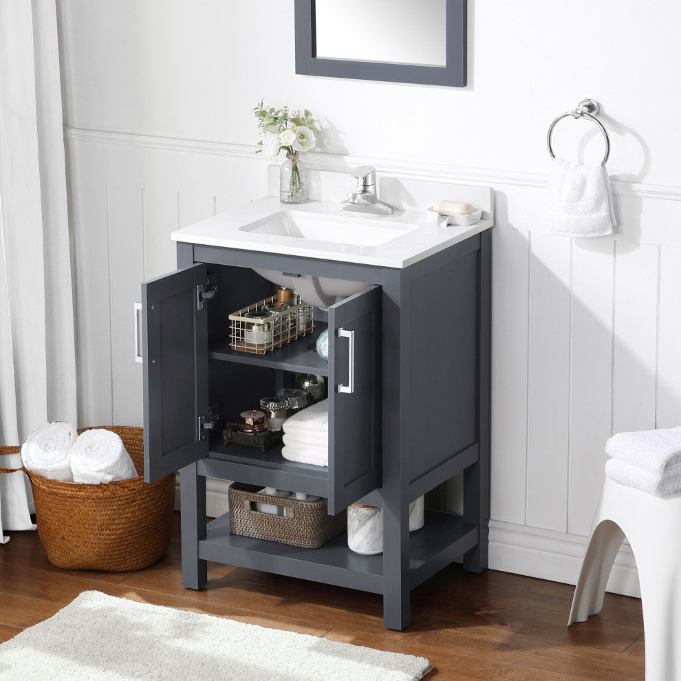 Ove Decors Vegas Single Sink Bathroom Vanity Set With Countertop, White, Dark Charcoal, 24"