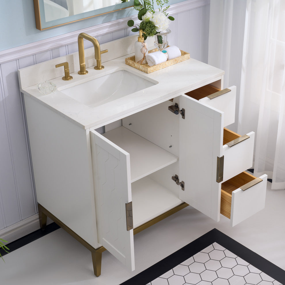 Alison Freestanding Bathroom Vanity with Italian Carrara White Marble Top, White, 36"