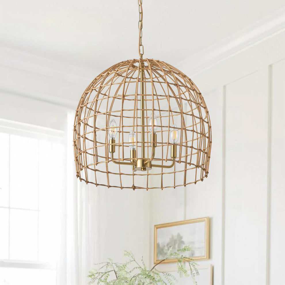 4-Light Hand-Woven Rattan Pendant Light for Kitchen Island