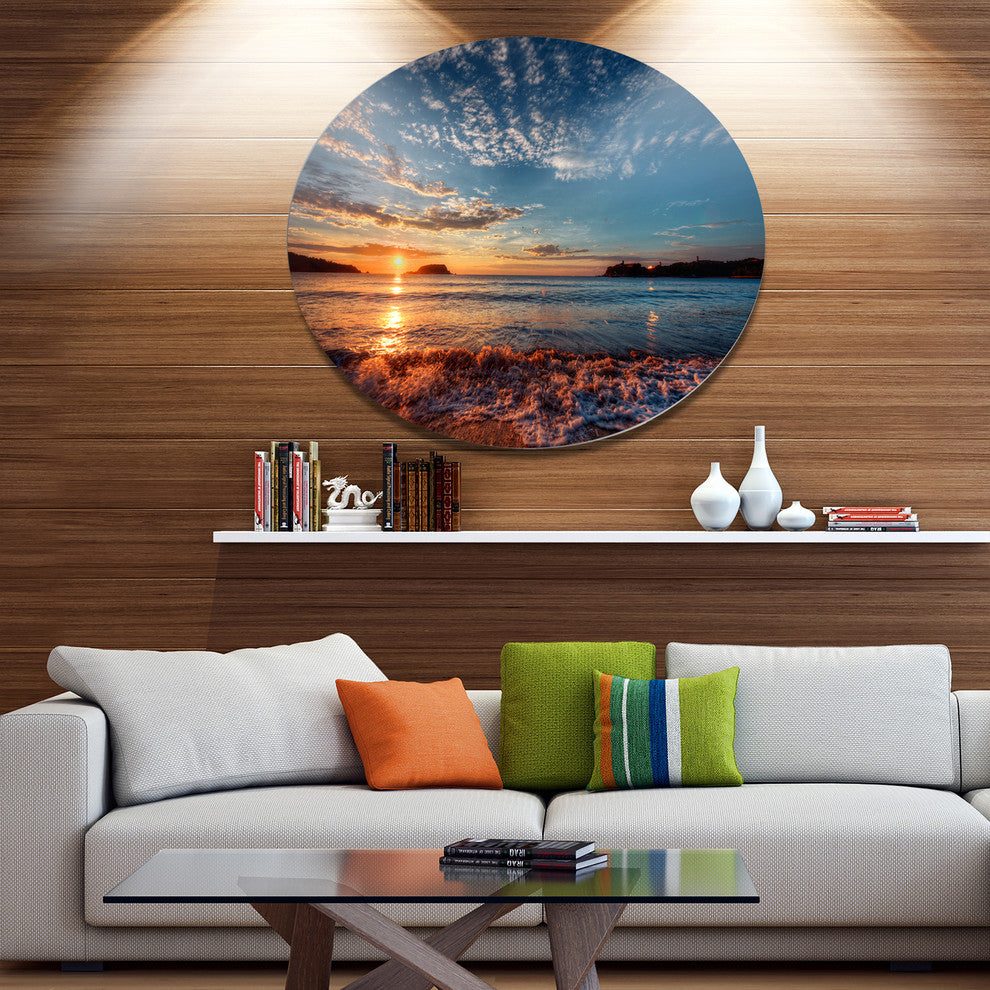 Tranquil Beach And Whimsical Clouds, Seashore Disc Metal Wall Art, 11"