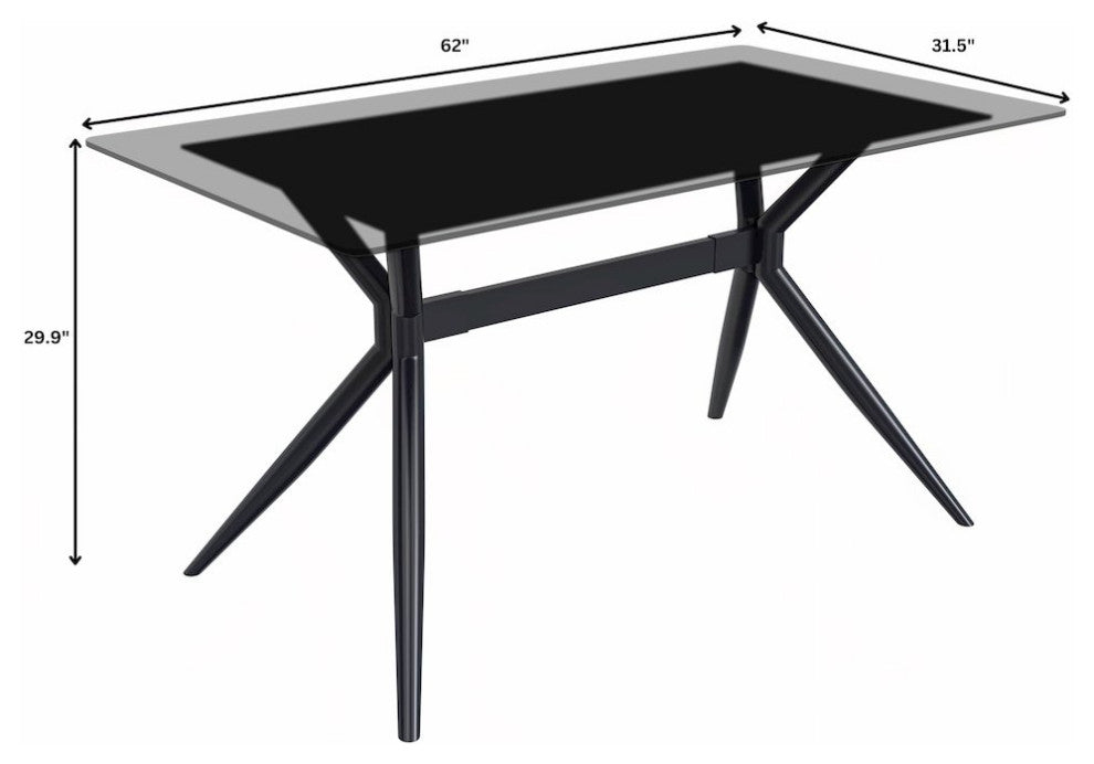 Elega Series Black Carbon Steel Dining Table 62 With Clear Glass Top