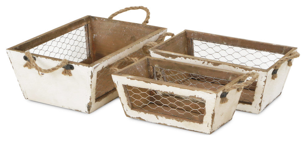 Chicken Wire Wooden Crates, Set of 3