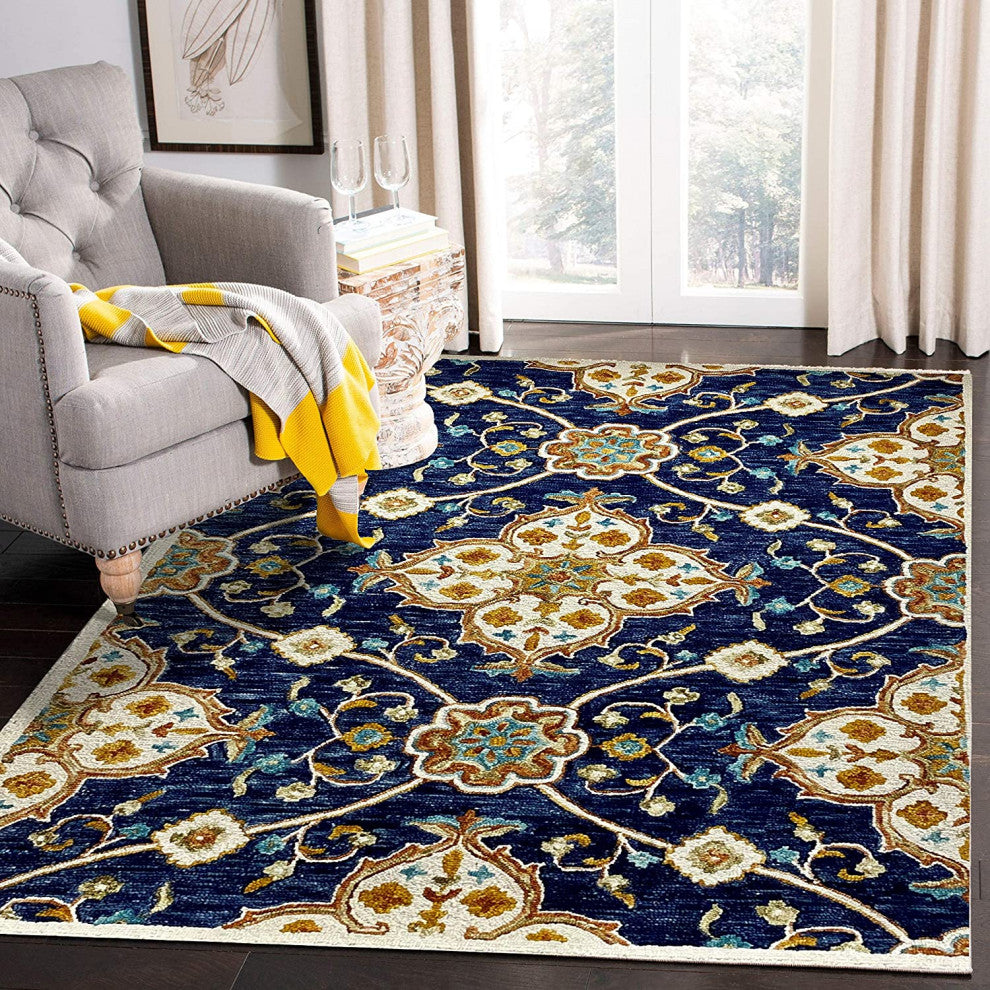 7" x 9" Blue and Gold Intricate Floral Area Rug