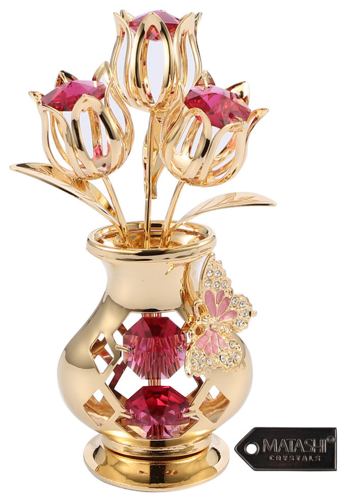 24K Gold Plated Crystal Studded Flower With Butterfly Ornament, Red Crystals