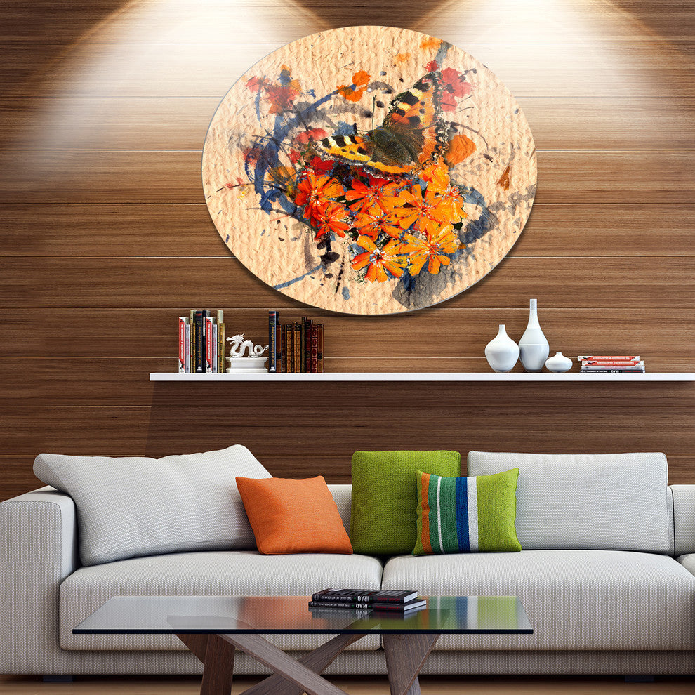Butterfly And Abstract Art On Paper, Floral Disc Metal Wall Art, 11"