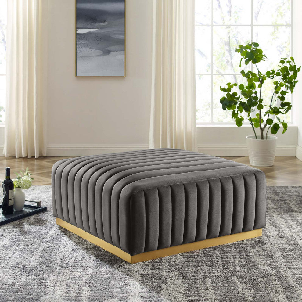 Conjure Channel Tufted Performance Velvet Ottoman, Gold Gray