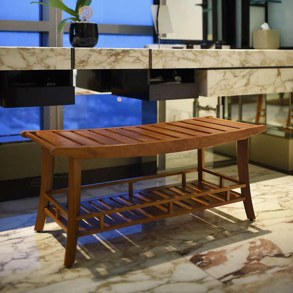 Dussi Teak Wood Large Shower Bench Stool with Shelf