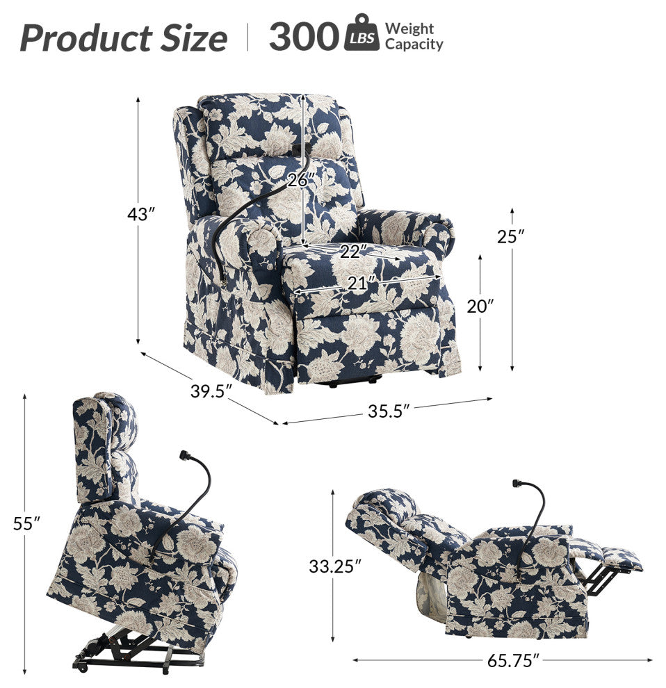 Lift Assist Power Recliner With Massage Heat And Manual Headrest, Navy