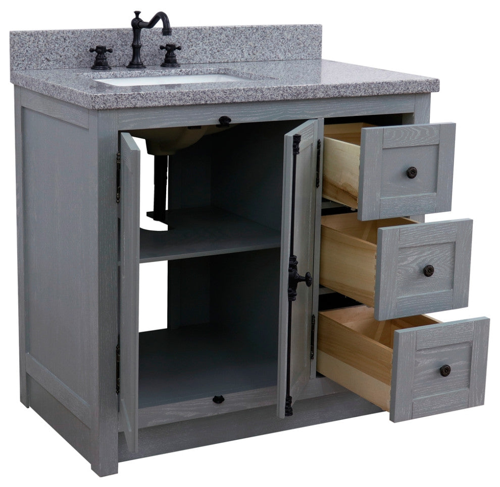 37" Vanity, Gray Ash With Gray Granite Top, Left Doors/Left Rectangle Sink