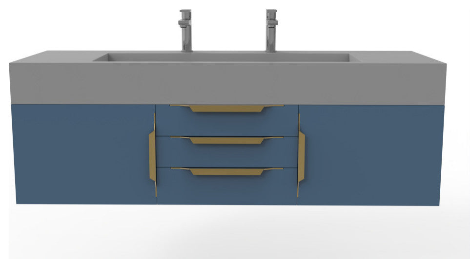 CastelloUSA Nile 60" Wall Mounted Vanity Set, Blue, Gray Top, Gold Handles