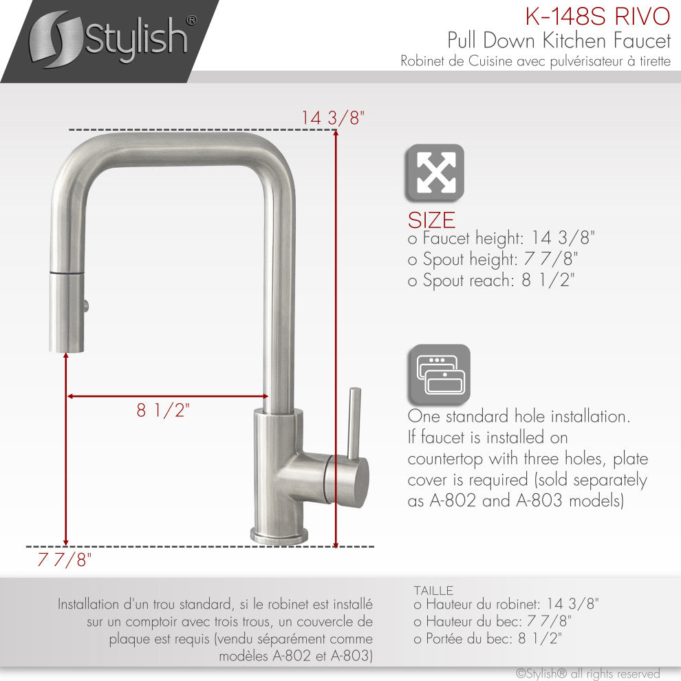 STYLISH Single Handle Pull-Down Dual Mode Kitchen Faucet Stainless Steel Brushed