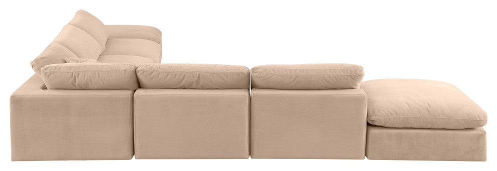 Comfy Upholstered L-Shaped Modular Sectional, Beige, 7-Piece: 4 Armless Chair, 1 Corner Chair, 2 Ottoman, Velvet
