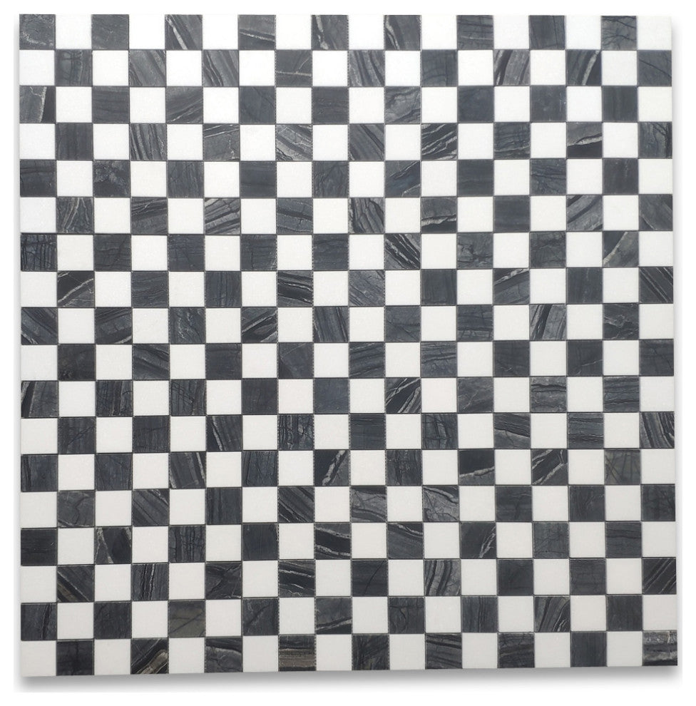 Silver Wave Black Forest Thassos White Marble Checkerboard Tile Honed, 1 sheet