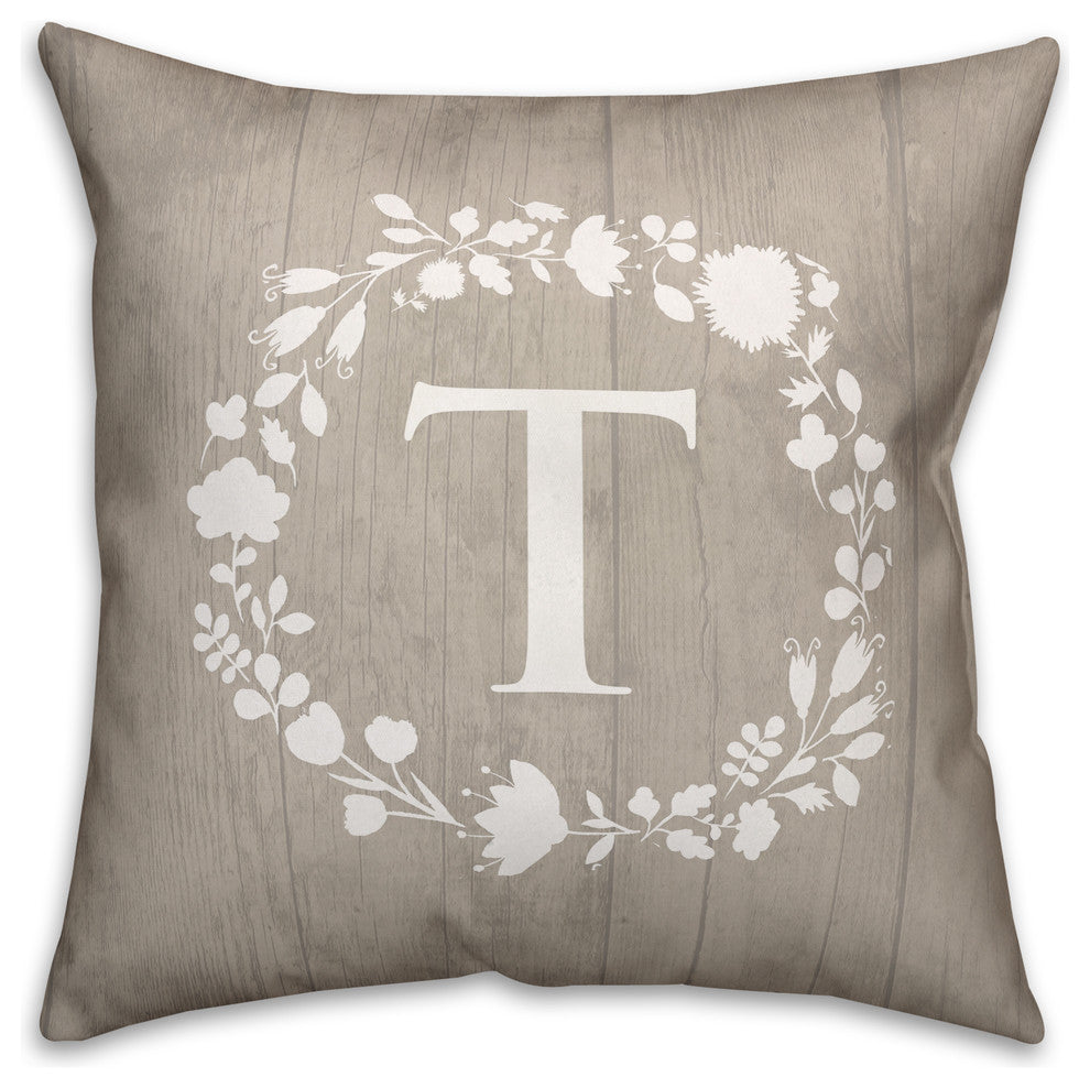 T Rustic Wreath Monogram Spun Poly Pillow, 18x18