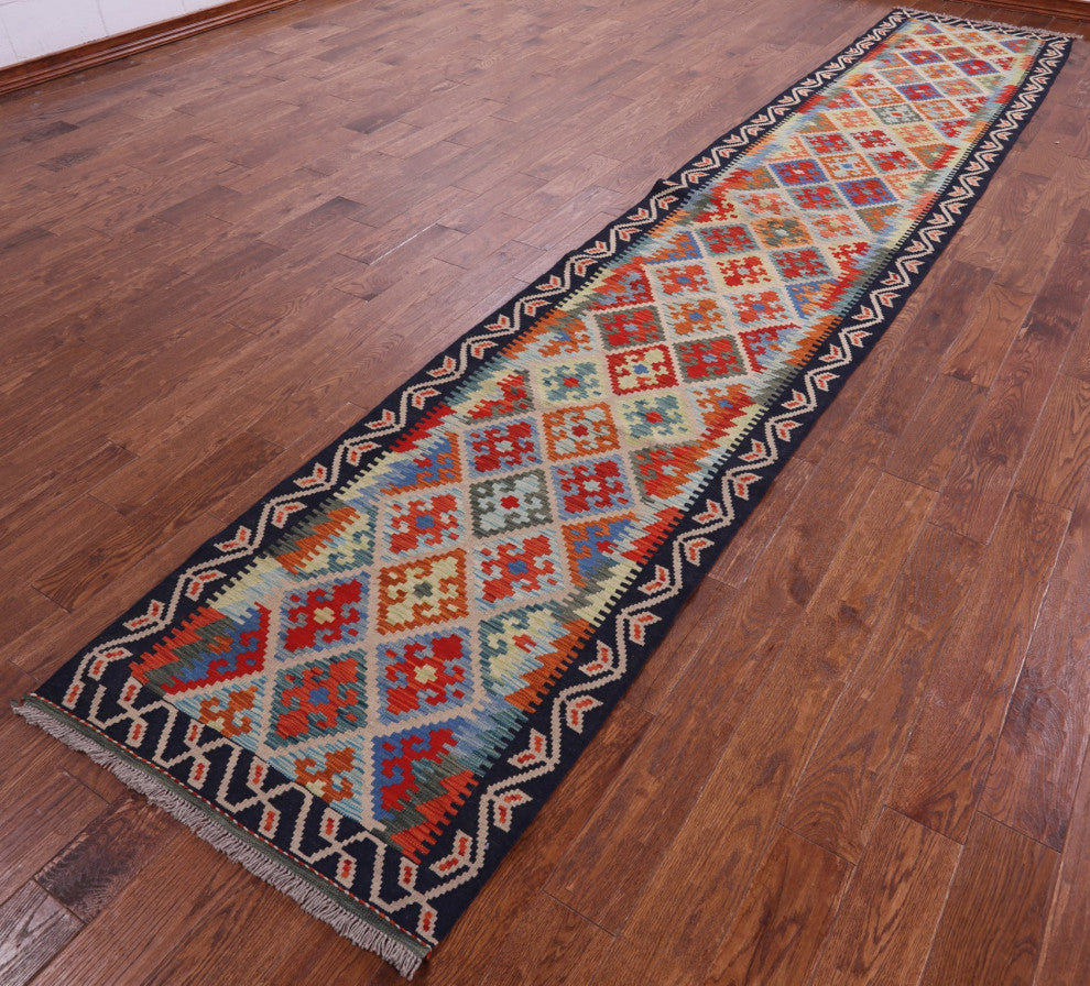 Kilim Flat Weave Wool On Wool Reversible Runner Rug 2' 10" X 16' 1" Q9465