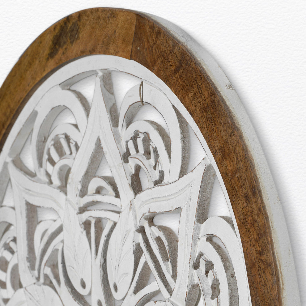 Distressed Wood Framed Round White Floral Wall Accent Medallion - 24"