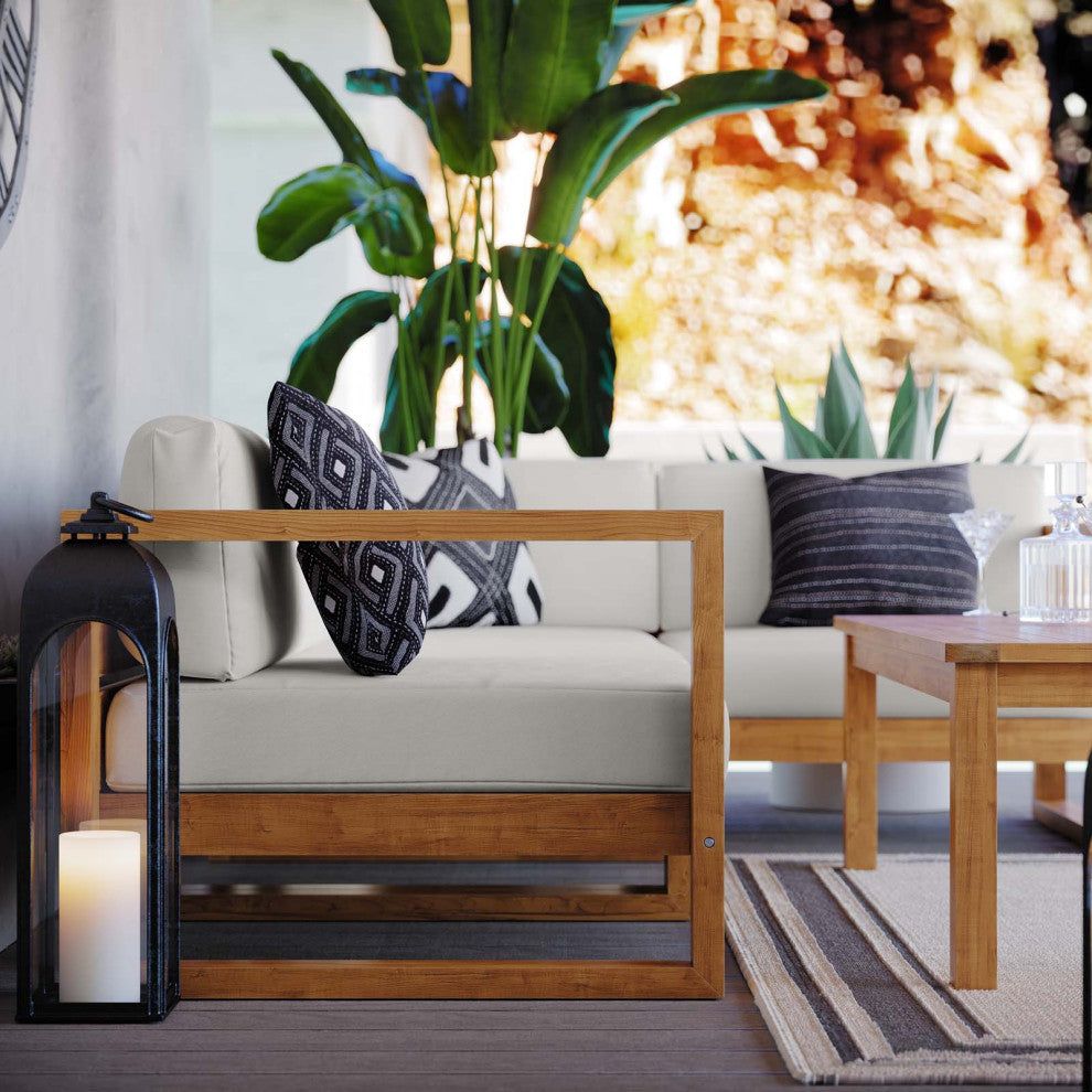 Sectional Sofa Chair Table Set, White Natural, Teak Wood, Modern, Outdoor Patio