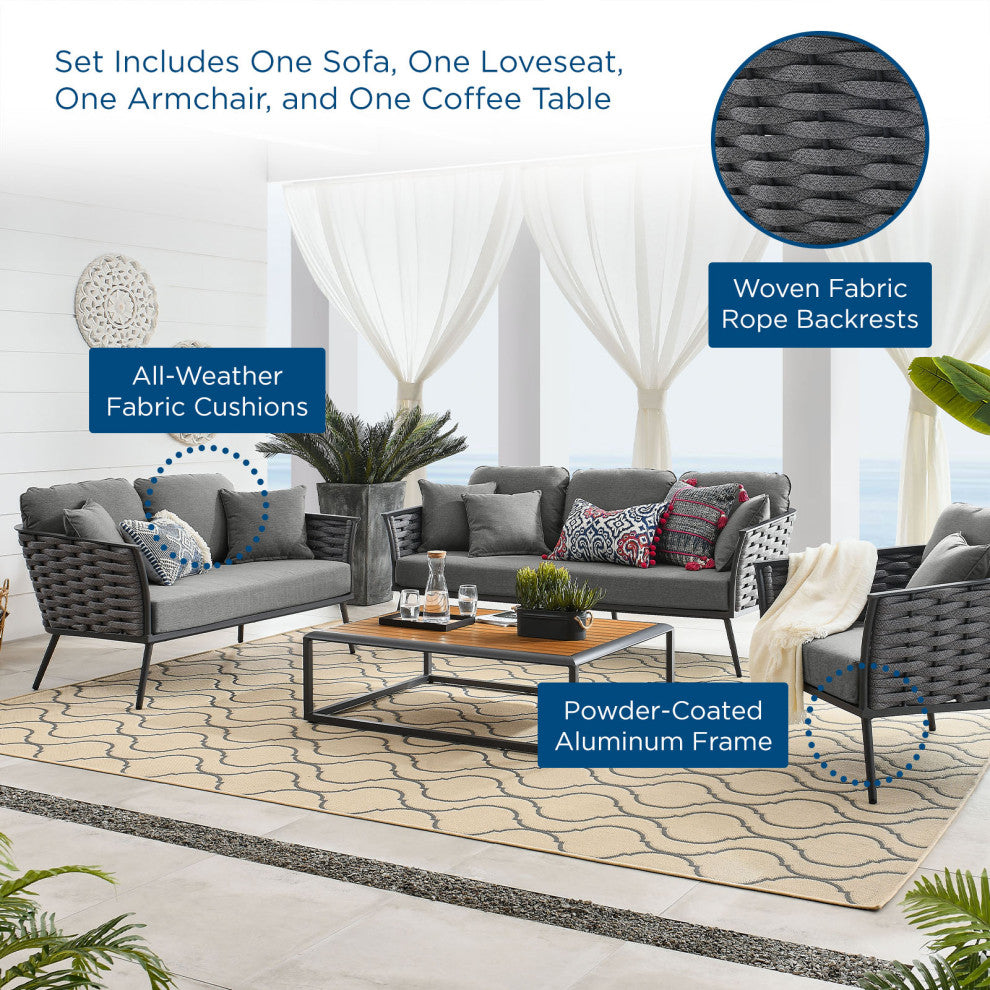 Lounge Sectional Sofa Chair Table Set, Aluminum, Modern, Outdoor, Gray