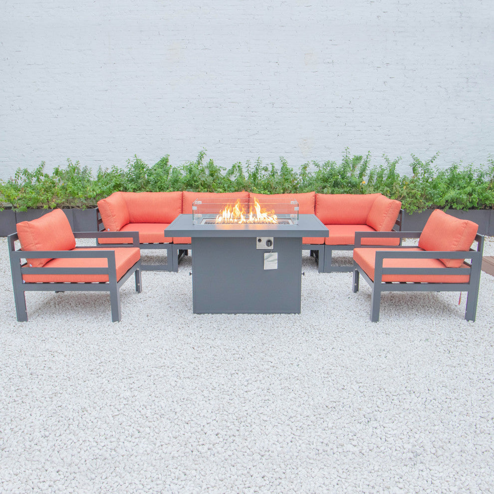 LeisureMod Chelsea 7-Piece Outdoor Sectional With Fire Pit Table, Orange