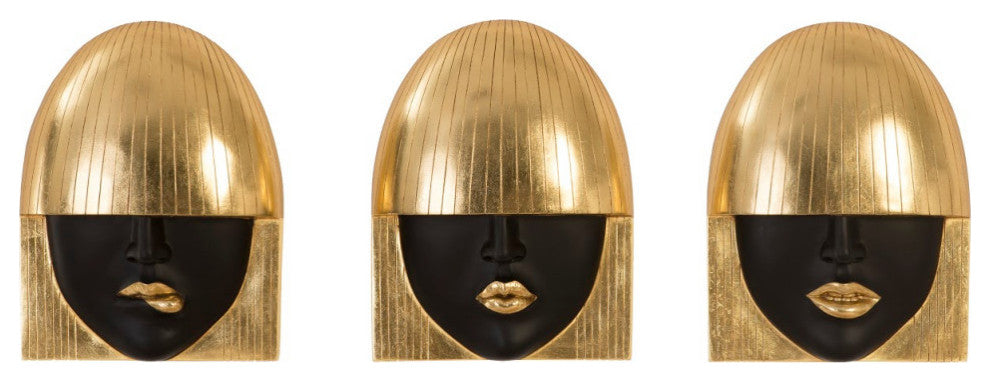 Fashion Faces Wall Tiles, 3-Piece Set, Gold Leaf